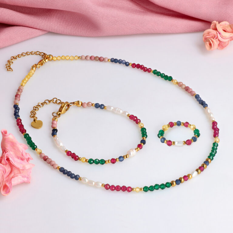 Naszyjnik Choker z Szafirem, Perłą, Thulitem, Cyrkonią