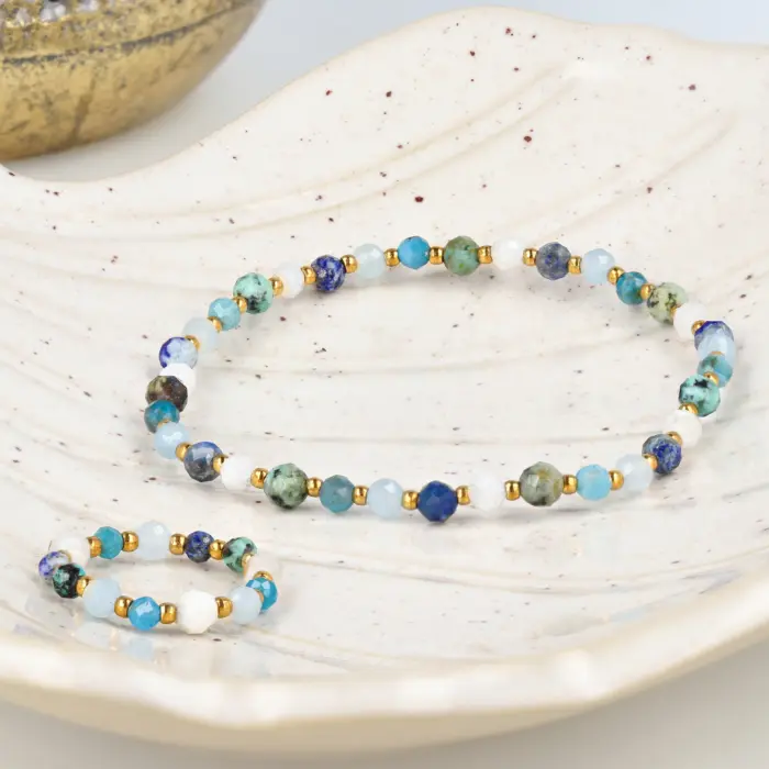 Pierścionek Lapis lazuli, Akwamaryn, Turkus, Kamień Księżycowy, Apatyt