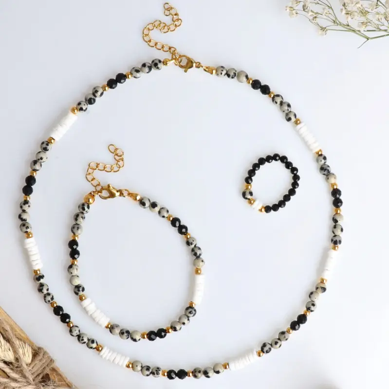 Naszyjnik Choker z Jaspisem dalmatyńskim, Turmalinem Czarnym, Muszlą