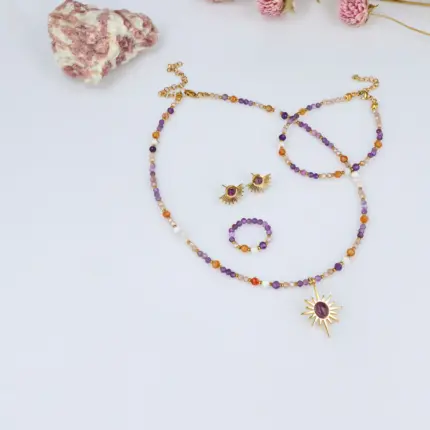 Naszyjnik Choker z Ametystem, Agatem pomarańczowym, Kamieniem księżycowym, Cyrkonią szampańską
