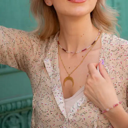 Naszyjnik Choker z Thulitem, Kwarcem Różowym, Cyrkonią, Granatem