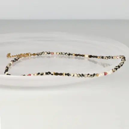Naszyjnik Choker z Jaspisem Dalmatyńskim, Obsydianem Złocistym, Thulitem, Perłą