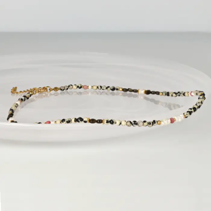 Naszyjnik Choker z Jaspisem Dalmatyńskim, Obsydianem Złocistym, Thulitem, Perłą