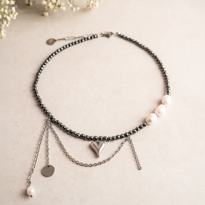 Naszyjnik Choker z Hematytem, Perłą