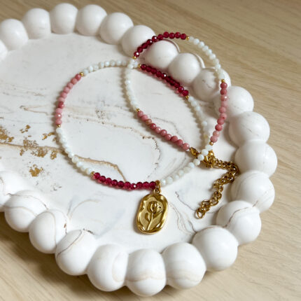 Naszyjnik Choker z Thulitem, Kwarcem Różowym, Cyrkonią, Granatem z LIMITOWANĄ zawieszką z okazji Dnia Matki