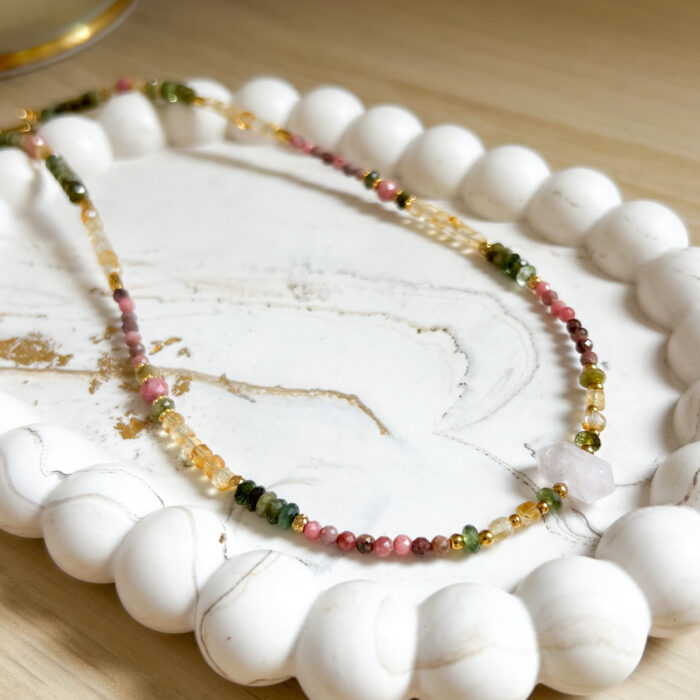 Naszyjnik Choker z Thulitem, Kwarcem Różowym, Cytrynem, Turmalinem Zielonym i Rodonitem