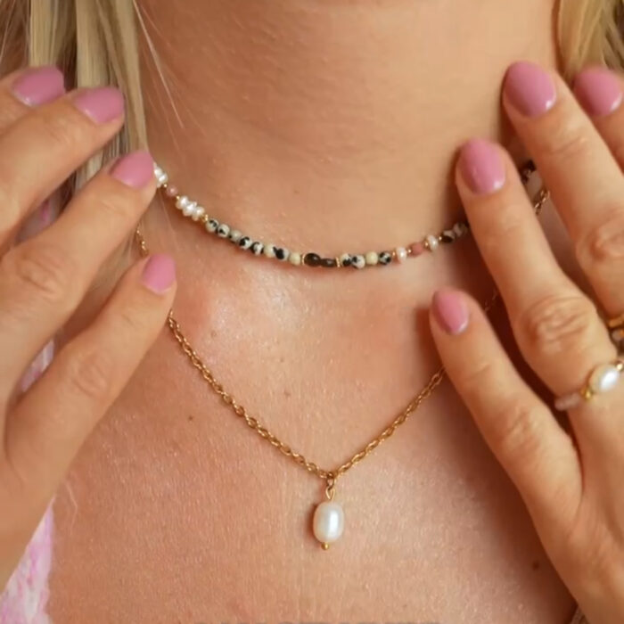 Naszyjnik Choker z Jaspisem Dalmatyńskim, Obsydianem Złocistym, Thulitem, Perłą